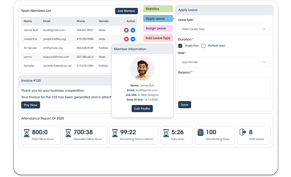 Telagus HR tools: team members, leave requests and attendance report
